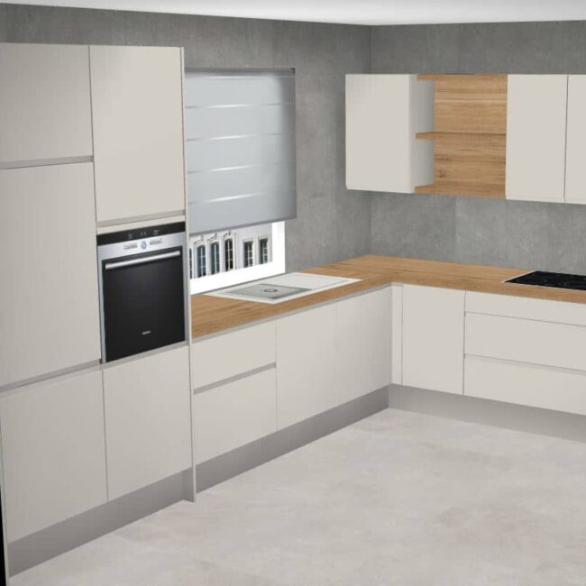 Kuhinja po mjeri DanKuchen Seville – L raspored s ugradbenim aparatima i drvenom radnom pločom, projekt 8655998000