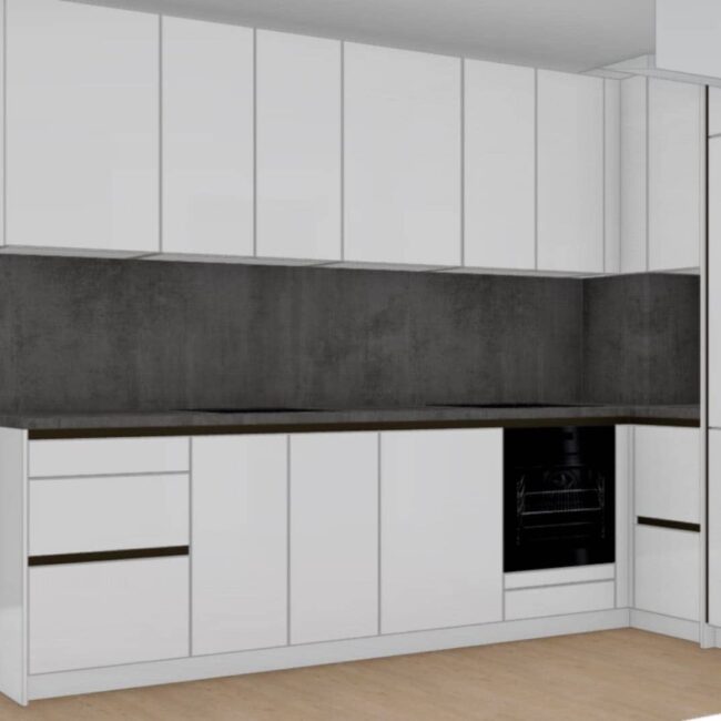 3D render bijele DanKuchen Silbermond kuhinje s tamnosivom radnom pločom i zidnom oblogom