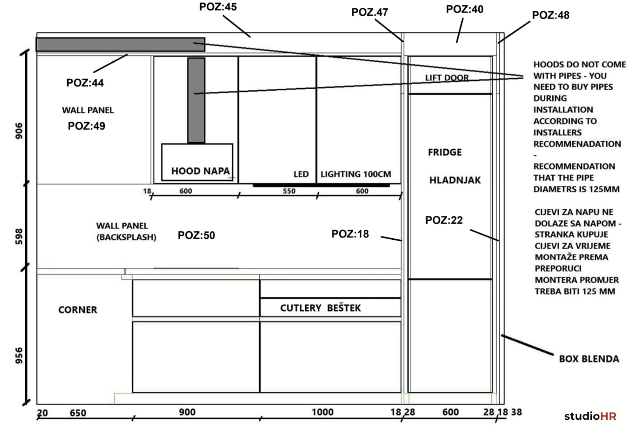 Tehnički nacrt DanKüchen Silbermond kuhinje – pozicije elemenata i napa