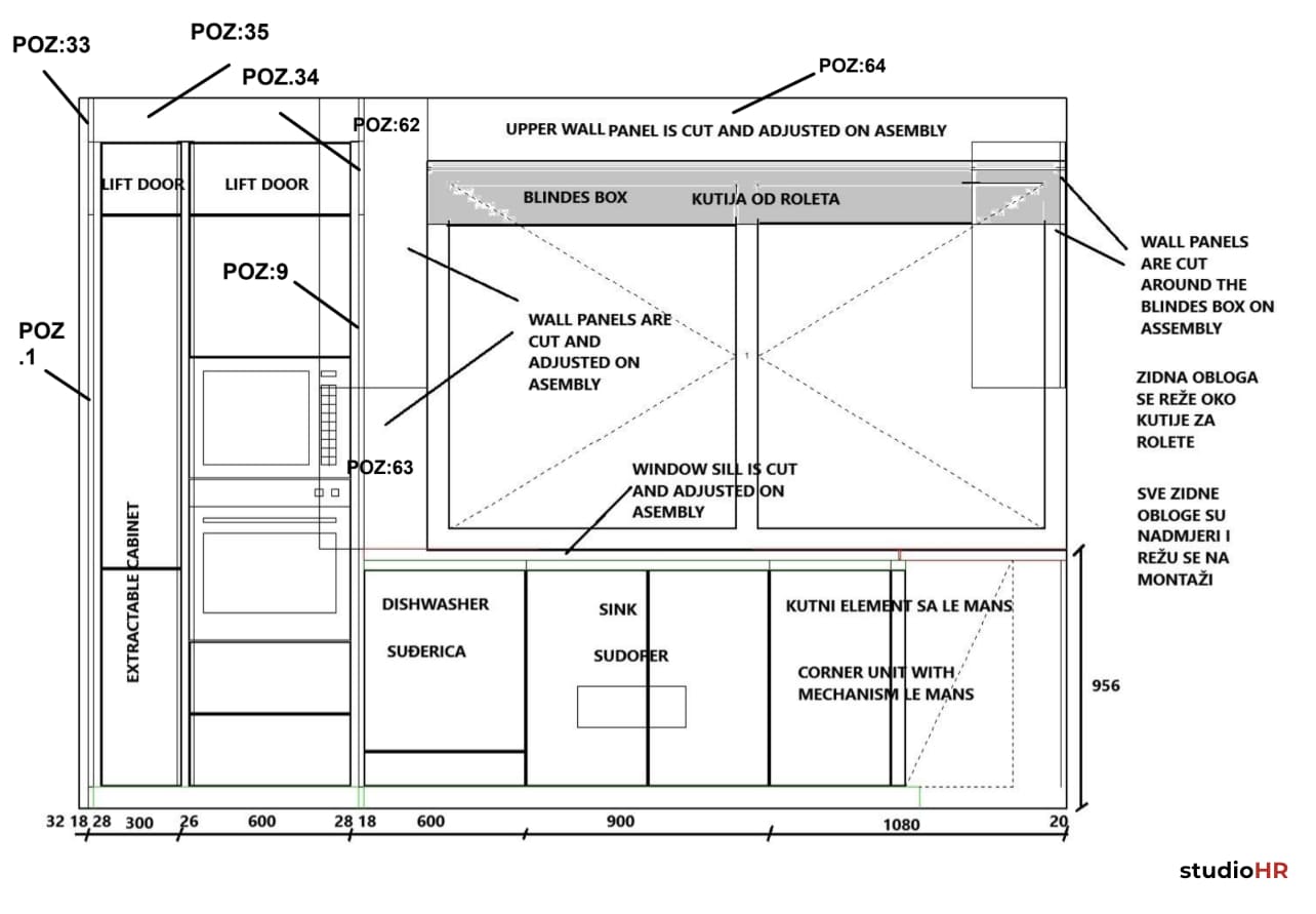 Tehnički nacrt donjih elemenata DanKüchen Silbermond kuhinje – perilica, sudoper, Le Mans kutni element