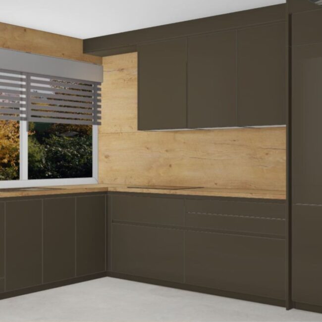 3D render DanKüchen Silbermond kuhinje u mat tamnoj boji s drvenim backsplashom