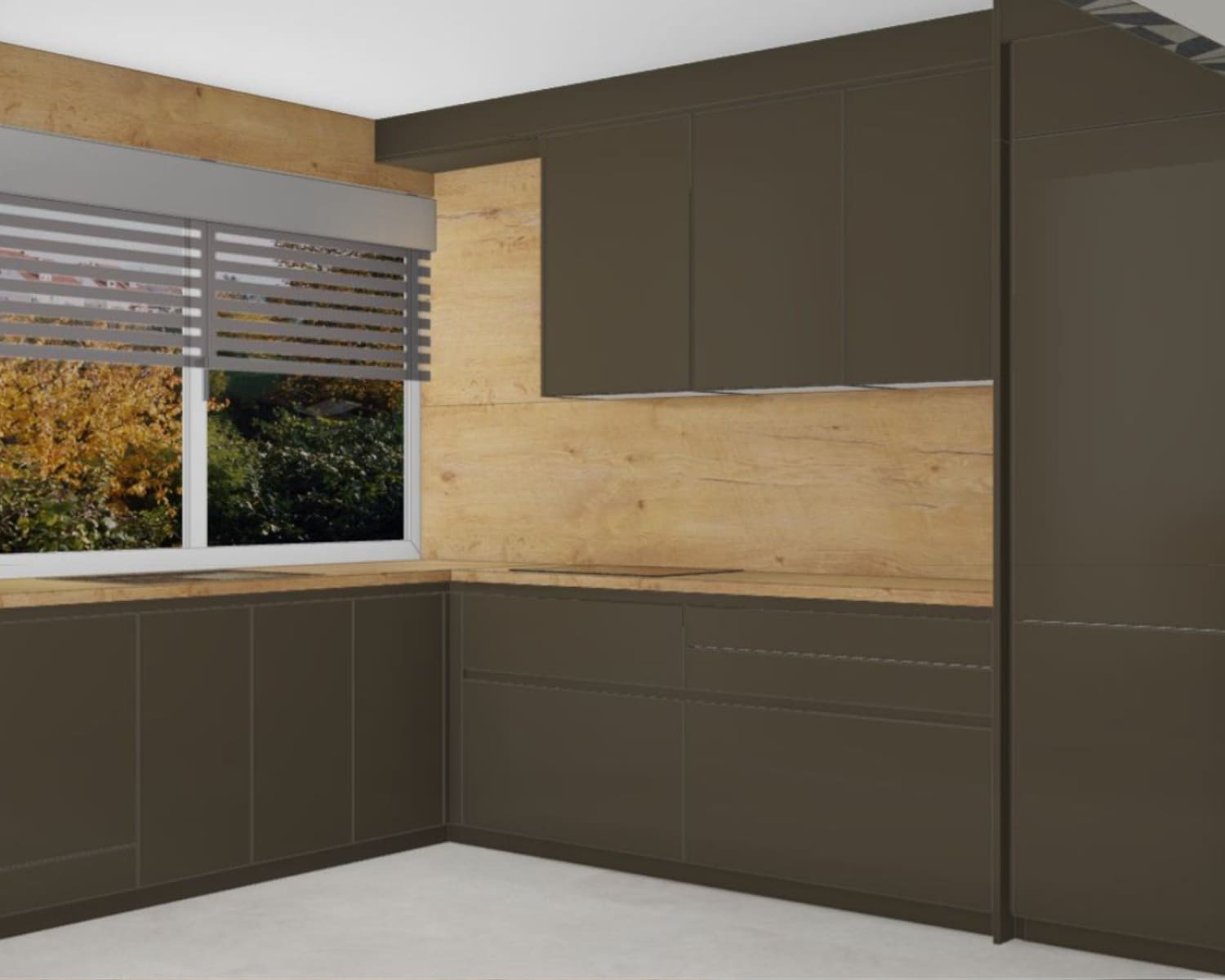 3D render DanKüchen Silbermond kuhinje u mat tamnoj boji s drvenim backsplashom