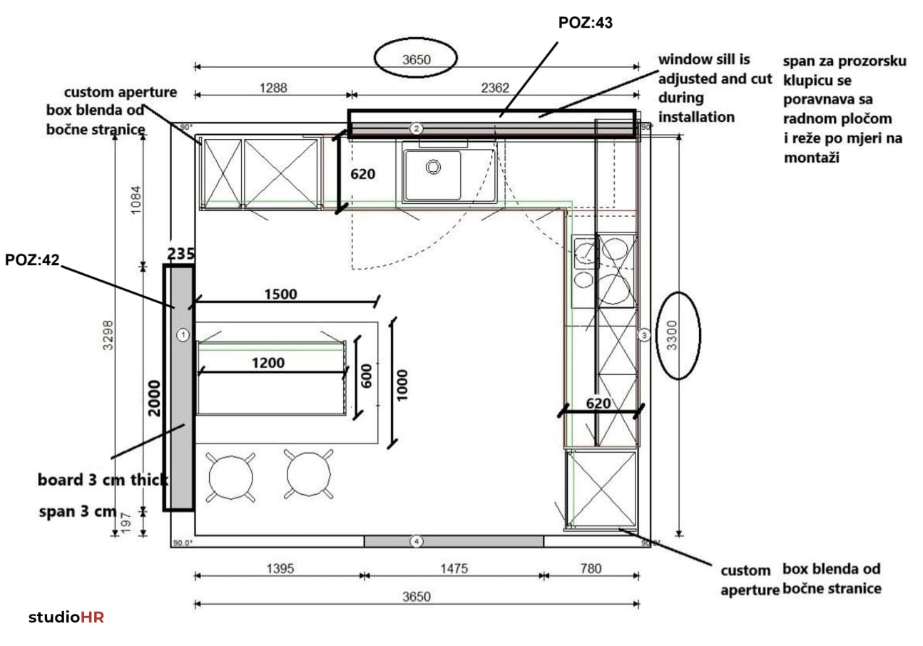 Tlocrt DanKuchen Silbermond kuhinje s mjerama i rasporedom elemenata