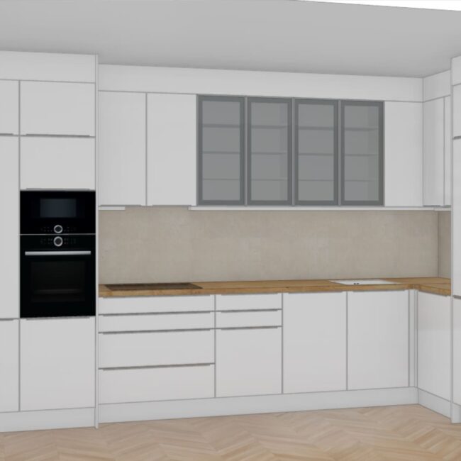 Render kuhinje po mjeri DanKuchen Andros s bijelim frontama, drvenom radnom pločom i staklenim visećim elementima