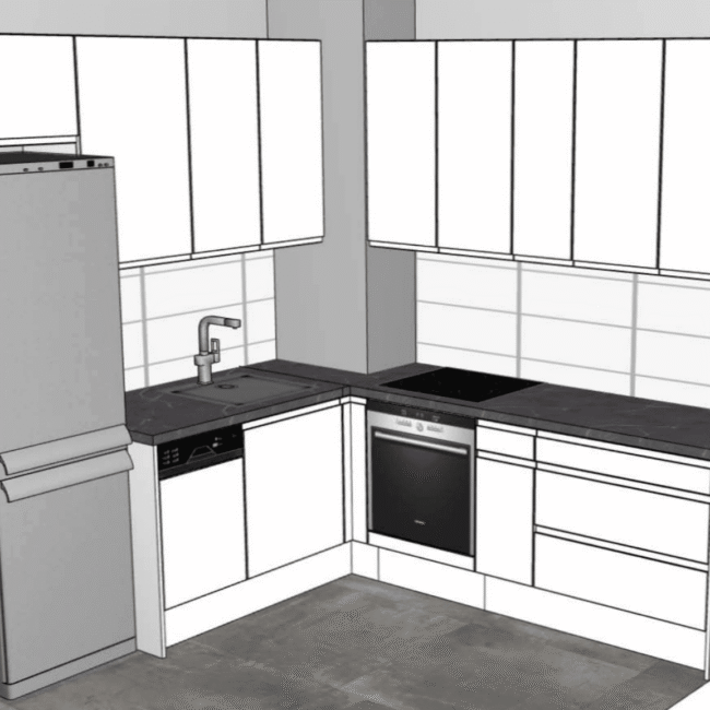 3D nacrt kuhinje po mjeri DanKuchen Seville projekt 8602294000 u L obliku s visokim hladnjakom, perilicom posuđa i ugradbenom pločom.