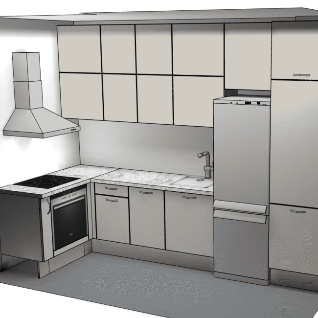 3D prikaz kuhinje po mjeri DanKuchen Living u sjajnoj izvedbi boje Kashmir