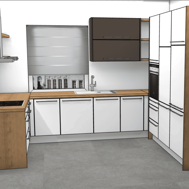 3D vizualizacija kuhinje po mjeri DanKuchen Living u L rasporedu s bijelim frontama i drvenom radnom pločom – projekt 8665456000