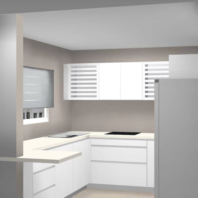 3D vizualizacija U-kuhinje DanKuchen Seville s poluotokom i visokim elementom za pećnicu.