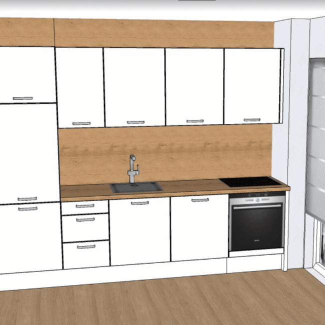 3D vizualizacija linearne kuhinje DanKuchen Living u bijeloj boji s drvenom zidnom oblogom i visokim elementom.